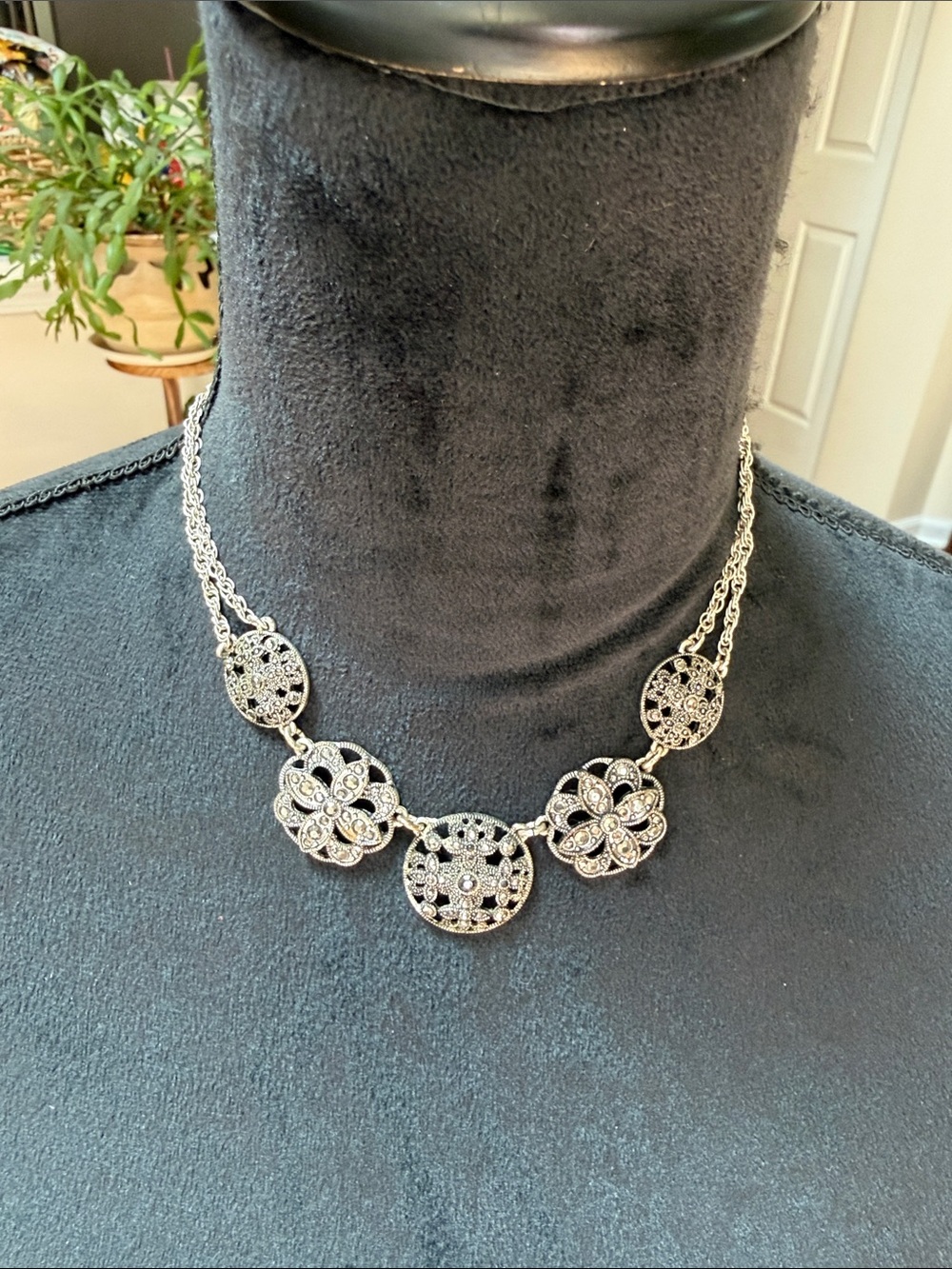 Silvertone Double Strand Floral Filigree Faux Marcasite Necklace